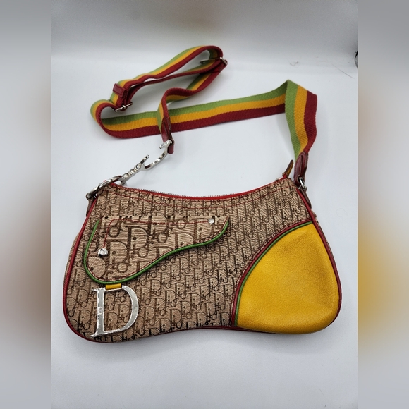 Pre-loved Vintage Christian Dior Rasta-Color Trotter Saddle Shoulder Bag - Picture 2 of 11